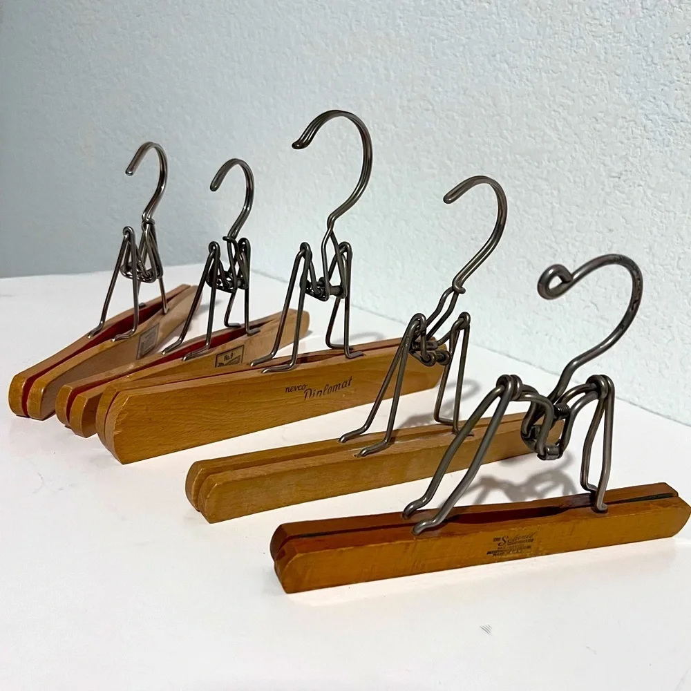 Lot of 5 Vintage Wood & Metal Clamp Hangers